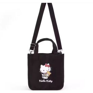 ✅Hello Kitty Zipper Black 100% Canvas Cotton 2 Handle Tote Bag New